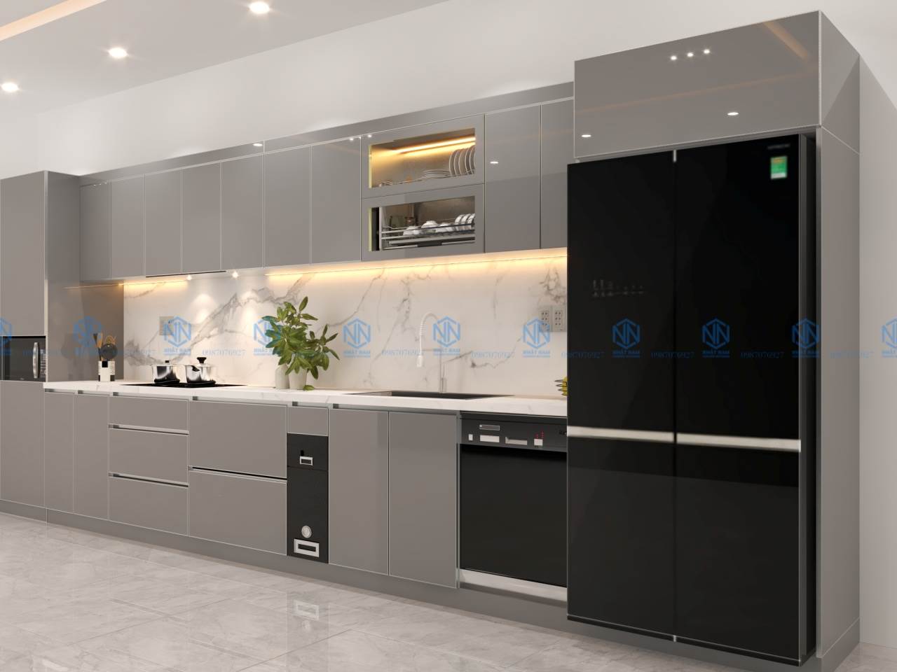 Tủ Bếp Khung Inox Cánh Kính Sơn Màu 

