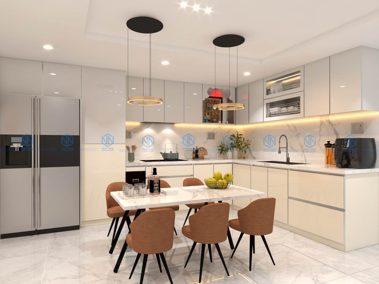 Tủ Bếp Khung Inox Cánh Kính Sơn Màu 