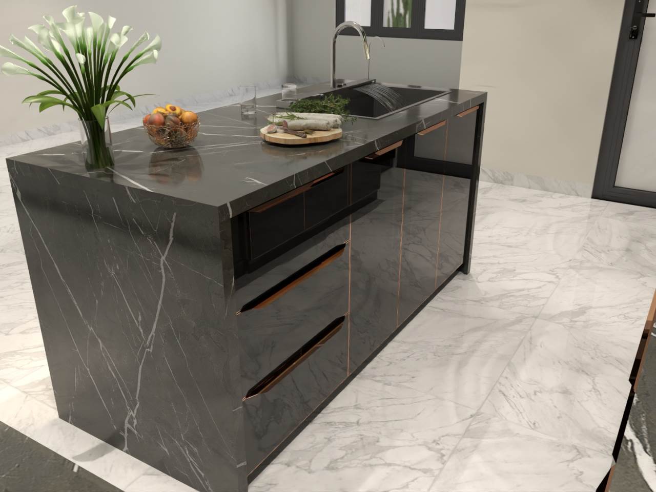 Bàn Đảo Bếp Khung Nhôm Kính Cường Lực 