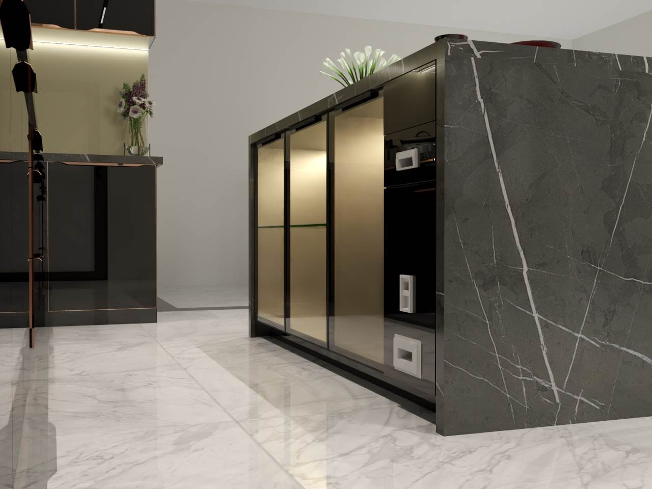 Bàn Đảo Bếp Khung Nhôm Kính Cường Lực 
