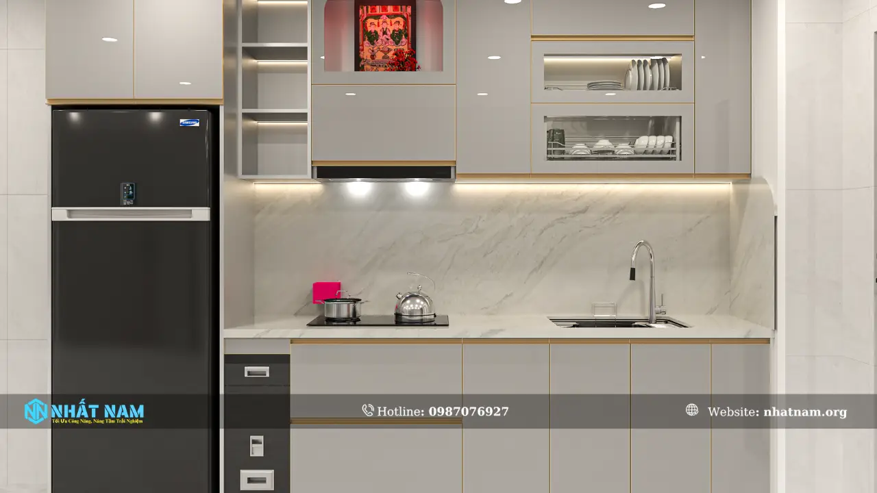 Công trình A. Nam Q.3 - Tủ bếp Inox 304 Caro Cánh Kính