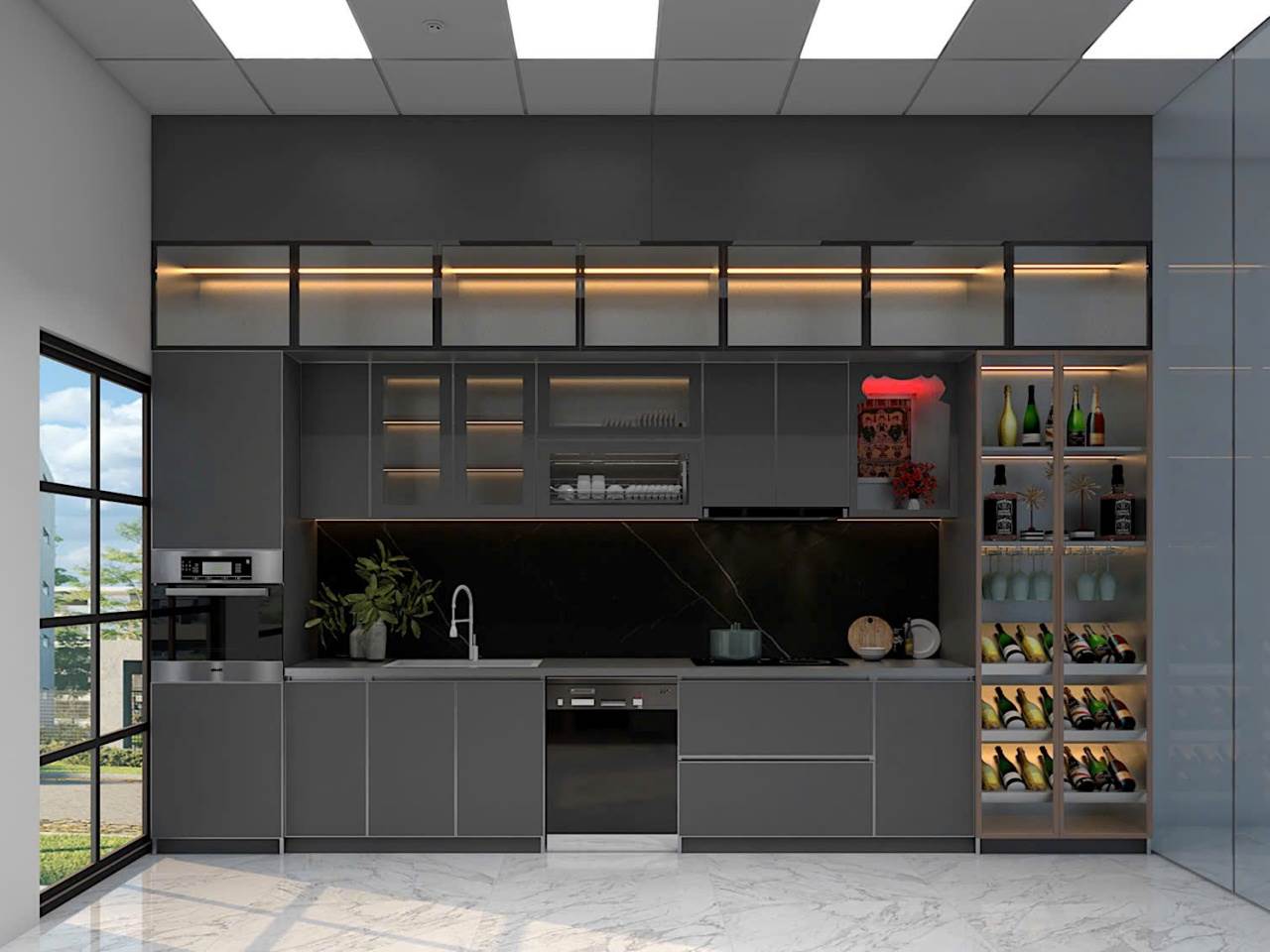 Tủ Bếp Inox Cánh Kính Hệ Chống Bám Vân Tay