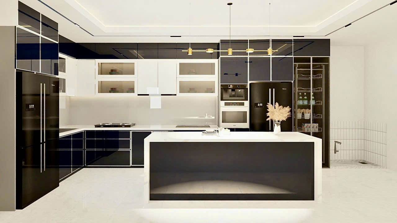 Tủ Bếp Khung Inox Cánh Kính Sơn Màu 
